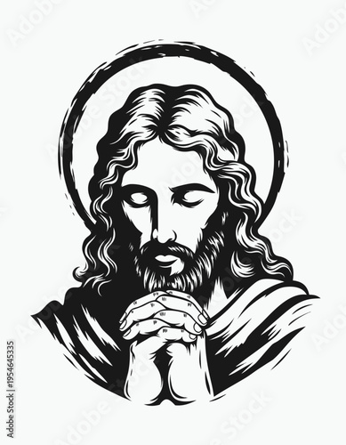 Jesus Christ, shown with long wavy hair, a beard, and a halo. His eyes are closed and his hands are clasped in prayer, conveying solemn devotion and spiritual reverence.
