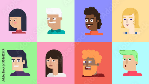 set of funny cartoon people, Collection of Colorful Flat Vector Characters, Trendy Minimalist Portrait Illustrations of Diverse People, Set of Modern Human Avatars for Web and App Design.