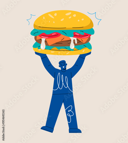 Man holding big hamburger. Colorful vector illustration