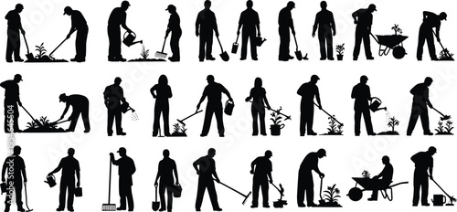 Gardening silhouettes collection showing people working with tools, watering plants, digging soil, planting seeds, raking leaves, outdoor horticulture activities