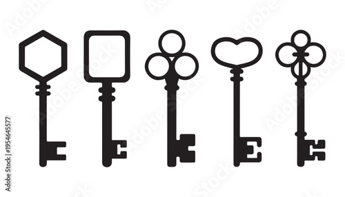 Set of five various vintage antique old classic keys for door lock vector illustration isolated on white background