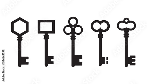 Set of five various vintage antique old classic keys for door lock vector illustration isolated on white background