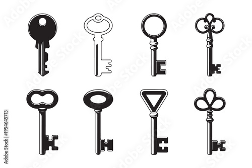 Detailed vintage metal key vector illustrations with complex engraved patterns for antique lock collection