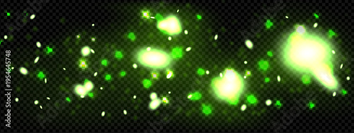 Green dust twinkle. Magic firefly effect with sparkle. Fairy particle glitter background. Forest butterfly abstract pattern. Shiny glowworm explosion in garden. Insect motion or spell decoration.