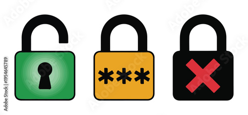 Set of three black and white padlock icons representing security states unlocked password protected and error