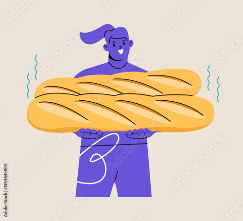 Woman holding big baguette. Bakery pastry products. Colorful vector illustration