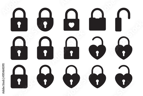 Collection of black padlock icons featuring various shapes and states including locked and unlocked positions