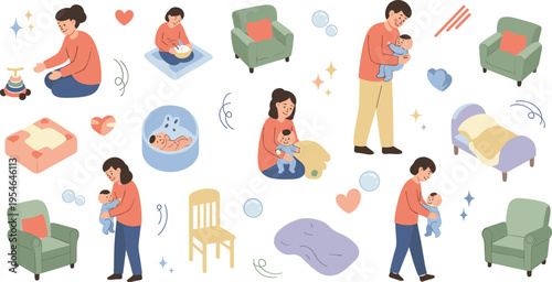 Mother and Baby Daily Care Activities Vector Set with Feeding Playing Holding and Bonding Moments for Parenting Illustration and Family Lifestyle Design.