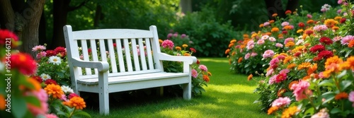 Abundant colorful flowers surround a white wooden bench in a blossoming garden , nature, blossom, calm