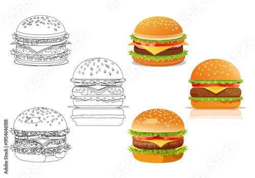 具だくさんで美味しそうなジューシーハンバーガーのイラストセット：カラー版とぬりえ用線画、子供向けベクター素材