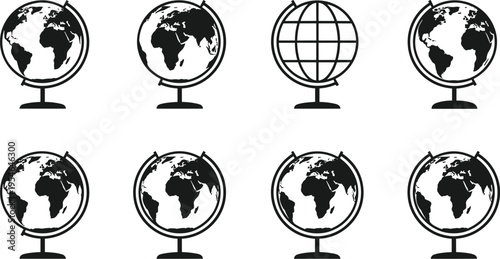 Globe illustrations, Earth map icons, wireframe sphere, geography concept, global education, world continents, visual puzzle, planet Earth graphics