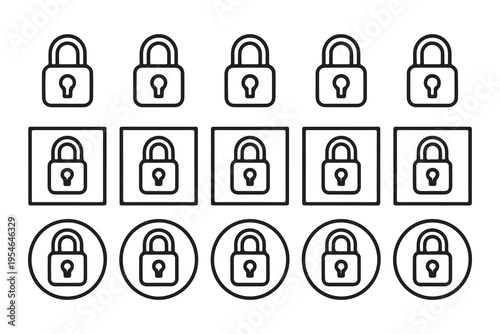 Linear padlock icon collection with thin strokes featuring square and circular badge variations for websites