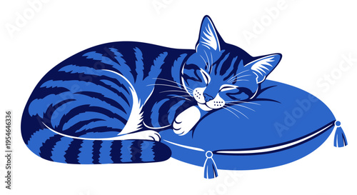 Blue Tabby Cat Sleeping Peacefully on a Decorative Pillow