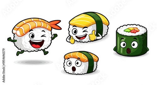 Cute Sushi Characters with Faces and Expressions on White Background