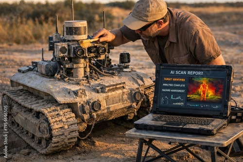 Wallpaper Mural Robot Repair Scene. Fire Damage Fixed By Technician. Technician Restores Robot After Fire Damage. Emergency Scene With Robot Being Salvaged And Repaired In Dusty Environment Torontodigital.ca