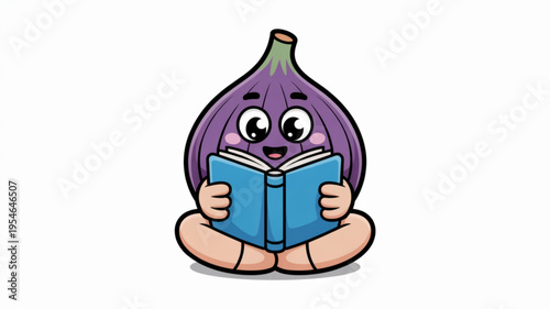 Purple onion character reading a blue book sitting cross legged on white background with big eyes and smiling face