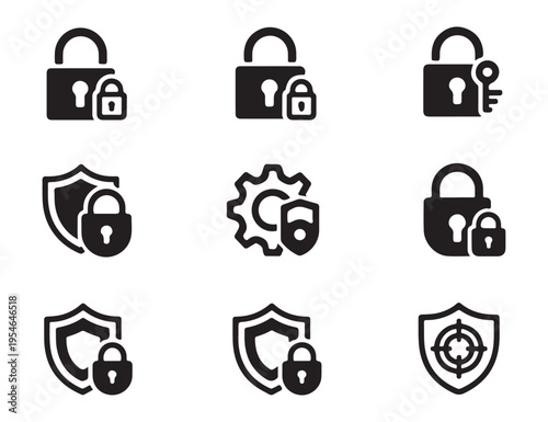 Set of black filled padlock and shield icons isolated on white background, security and protection vector symbols