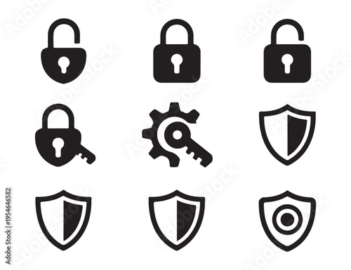 Set of black filled padlock and shield icons isolated on white background, security and protection vector symbols