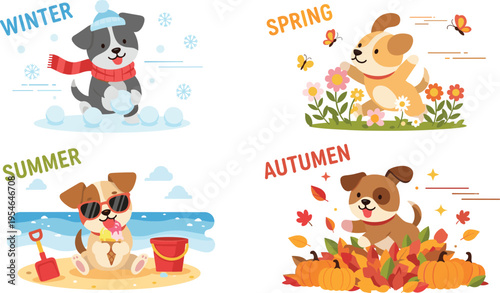 Cute Cartoon Dog Four Seasons Set Featuring Winter Spring Summer and Autumn Scenes with Seasonal Activities Weather Elements and Adorable Puppy Characters Flat Vector Illustration