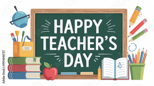 Happy teachers day celebration with colorful school supplies and books around chalkboard