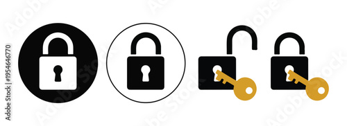 Security padlock icons with key symbols for safety protection and access control in black and gold flat style
