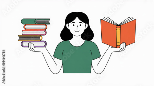 Woman holding stack of books and open book smiling education concept