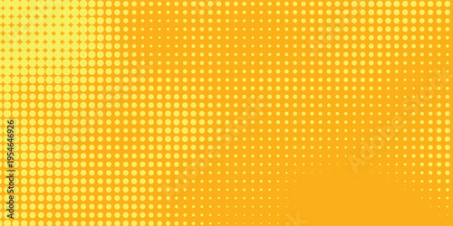 Yellow halftone pattern. Retro comic gradient background. Bright orange pixelated dotted texture overlay. Cartoon pop art faded gradient pattern. Vector backdrop for poster  banner  advertisement