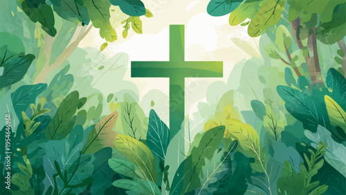 Vector green cross symbol in lush foliage, eco friendly icon