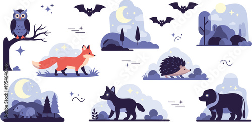 Night Forest Wildlife Animals Set Featuring Fox Owl Bat Hedgehog and Wolf in Moonlight Landscape with Dark Nature Scene Flat Vector Illustration