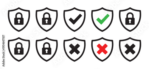 Shield padlock, checkmark, and cross mark icon set for security, access, and protection symbols