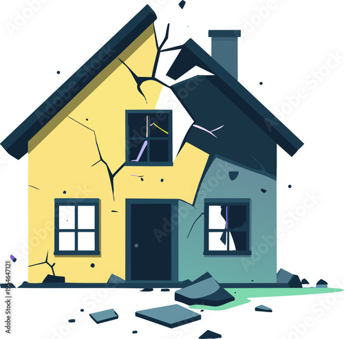 Damaged House Illustration Showing Structural Failure.