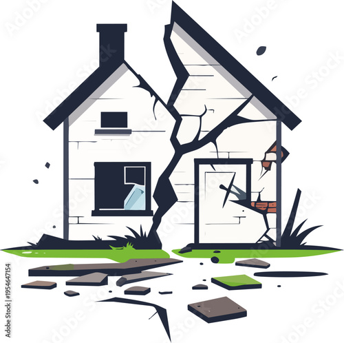 Damaged House Illustration Showing Structural Failure.