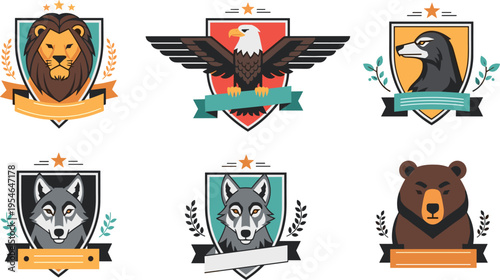 Animal Badge Logo Set Featuring Lion Eagle Hawk Wolf and Bear Emblems with Shield Crest Design Heraldic Style Mascot Icons Flat Vector Illustration