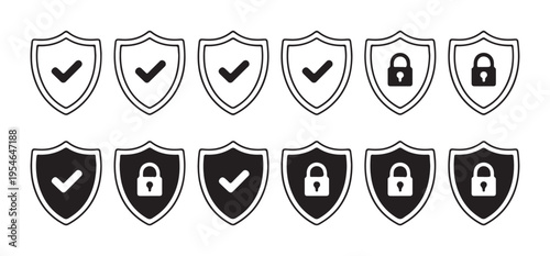 Collection of shield icons with checkmarks and locks for security safety and protection on white background outline
