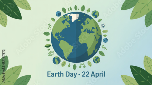 Earth day illustration with globe surrounded by green leaves on light blue background symbolizing environmental conservation and sustainability on 22 april