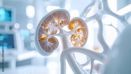 Detailed 3D Anatomical Illustration of the Human Kidney Showing Internal Structures and Vascular Network