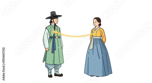 Korean Couple in Traditional Hanbok, Connected by Yellow Thread of Fate