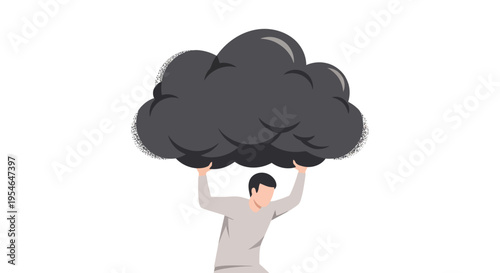 Man Holding Dark Storm Cloud Above Head, Concept of Stress, Burden, or Bad Luck