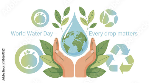 Hands holding earth globe with water drop leaves and eco friendly symbols for world water day