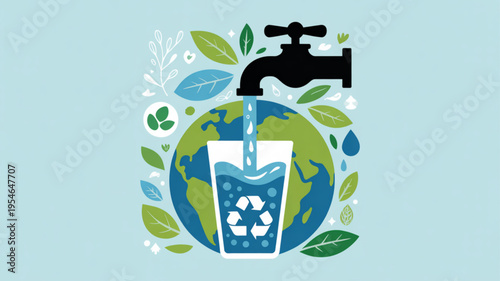 Earth with faucet pouring water into recyclable glass cup surrounded by leaves and flowers