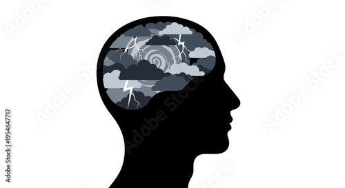Stormy Mind Silhouette: Mental Health Concept, Anxiety, Stress, Inner Turmoil
