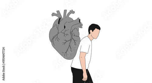 Man Carrying Heavy Heart Burden, Emotional Stress, Mental Health Concept