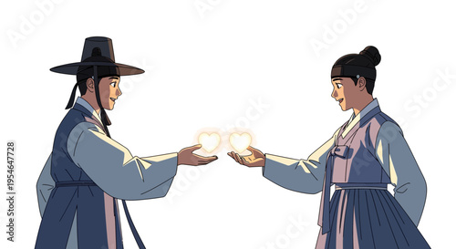 Korean Couple in Traditional Hanbok Holding Glowing Hearts