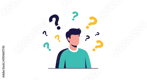 Man Surrounded by Question Marks, Symbolizing Doubt and Uncertainty