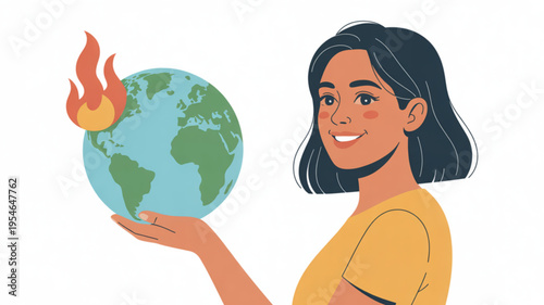 Woman holding earth with fire on it symbolizing climate change and global warming awareness