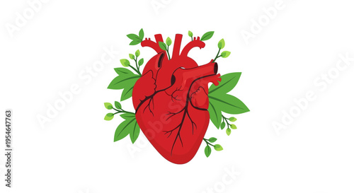 Healthy Heart with Green Leaves - Cardiovascular Health Concept