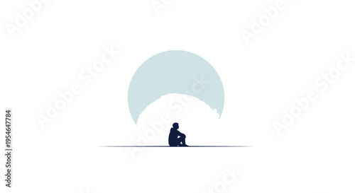 Silhouette of a person sitting alone under a large abstract circle, symbolizing loneliness or contemplation.