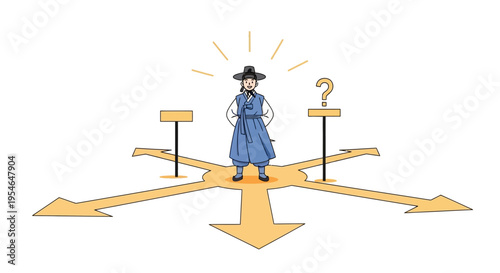 Man in traditional Korean hanbok at crossroads, making a decision, seeking direction