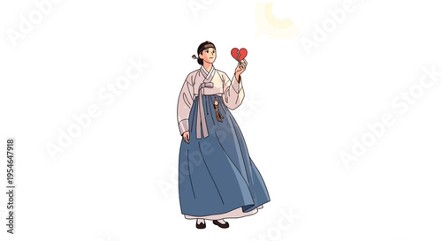 Korean Woman in Hanbok Holding Red Heart, Traditional Culture, Love Symbol