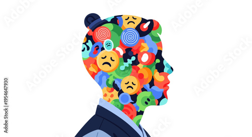 Mental state concept, profile silhouette filled with colorful emotions and faces